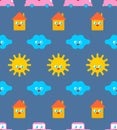 Baby cloth Cute pattern. funny sun and cloud. House and car cartoon style background. kids character texture. Childrens style Royalty Free Stock Photo