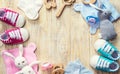 Baby clothes and accessories on a light background. Selective focus Royalty Free Stock Photo