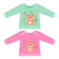 Baby clothes with cartoon animals. Sketchy little pink bear