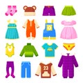 Baby clothes, childish things vector flat illustrations set Royalty Free Stock Photo