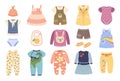 Baby clothes. Clothing for newborn babies. Bodysuit, romper, pajamas, dress, shoes. Cute child fashion apparel and