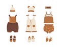 Baby clothes collection. Boho outfit. Cute little boy or girl wardrobe. Vector illustration in flat cartoon style