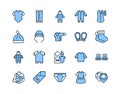 Baby clothes flat line icon set blue color. Vector illustration infant apparel, bodysuit, romper, napkin, booties