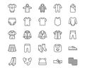 Baby clothes flat line icons set. Bodysuit, coverall, romper, buster suit, newborn nest, girl dress vector illustrations