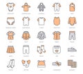 Baby clothes flat line icons set. Bodysuit, coverall, romper, buster suit, newborn nest, girl dress vector illustrations