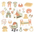 Baby clothes and furniture, children store vector