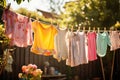 Baby clothes hanging on the clothesline in the garden at sunny day, children\'s colorful clothing drying, AI Generated Royalty Free Stock Photo