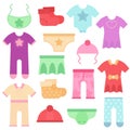 Baby clothes. Kids colorful and bright bodysuits and overalls for boys and girls. Vector illustration. Set icons Royalty Free Stock Photo