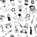 Baby clothes and toys seamless vector pattern. Hand drawn doodle on a white background. Contour rattles, nipples, strollers. Royalty Free Stock Photo