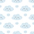 Baby clouds pattern. Nursery dream seamless pattern. Light blue kids sky background. Cute vector design with smiling Royalty Free Stock Photo