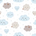 Baby clouds pattern. Nursery dream seamless pattern. Smiling clouds stars Light blue kids sky background. Cute vector Royalty Free Stock Photo