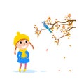 Baby in coat and hat walking in autumn forest, little girl see bird on branch, cartoon design