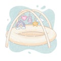 Baby cocoon for sleeping, cradle, hanging stage, cradle, crib with toys, rainbow, heart, teddy bear, star, cloud Royalty Free Stock Photo