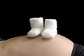 Baby concept:baby booties on abdonmen of pregnant