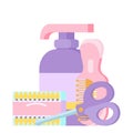 Baby cosmetic in cute colors, soap, cotton swabs brush and scissors