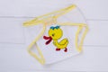 Baby cotton underpants with cartoon duck image, close up