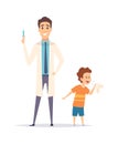 Baby coughs. Little boy and doctor. Flu virus protection, vaccination. Isolated pediatrician with syringe and ill child