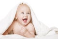 Baby Covered with White Towel, Happy Six Months Old Kid, White