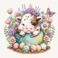 Baby Cow Amongst Spring Flowers and Easter Eggs in a Whimsical Watercolor AI Generated