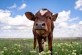 Baby cow grazing on a field with green grass and blue sky, little brown calf looking at the camera, cattle on a country side, Royalty Free Stock Photo