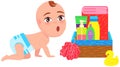 Baby crawling on all fours near set of bathroom items in box, bath accessories for cleaning body