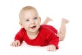 Baby Crawling over White, Happy Kid in Crawlers Lying Down Royalty Free Stock Photo