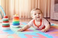 Baby crawling on playmat. Early education development Royalty Free Stock Photo