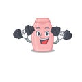 Baby cream mascot design feels happy lift up barbells during exercise