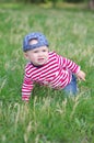 Baby creeps on grass in summer Royalty Free Stock Photo