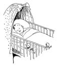 Baby in crib sleeping with a teddy bear, vintage engraving