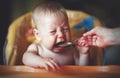 Baby cry, capricious, refuse to eat Royalty Free Stock Photo