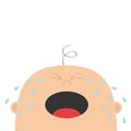 Baby crying tears. Kid face looking up. Cute cartoon sad character. Funny head with hair, eyes, nose, open mouth. Its a boy. Greet