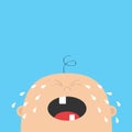 Baby crying tears. Kid face looking up. Cute cartoon sad character. Funny head with hair, eyes, nose, open mouth tooth. Its a boy. Royalty Free Stock Photo