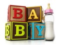Baby cubes and feeding bottle isolated on white background. 3D illustration