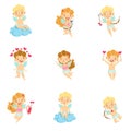 Baby Cupids With Bows, Arrows And Hearts Set