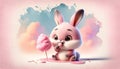 Baby, cute, cartoon bunny eating candy in cotton candy, watercolor, AI Generation