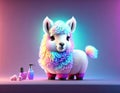 Baby, cute, cartoon lama as a hairdresser on watercolor pastel background. AI Generated