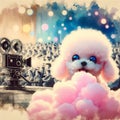 Baby, cute, cartoon poodle eating candy in cotton candy, watercolor, AI Generation