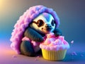 Baby, cute, cartoon sloth eating cotton candy on watercolor pastel background, poster for kids room, dream, AI Generation