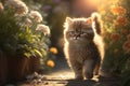 Baby cute cat walking in flower garden and sunset time background. Generative ai Royalty Free Stock Photo