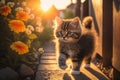 Baby cute cat walking in flower garden and sunset time background. Generative ai Royalty Free Stock Photo