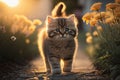 Baby cute cat walking in flower garden and sunset time background. Generative ai Royalty Free Stock Photo