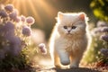 Baby cute cat walking in flower garden and sunset time background. Generative ai Royalty Free Stock Photo