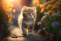 Baby cute cat walking in flower garden and sunset time background. Generative ai Royalty Free Stock Photo