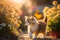 Baby cute cat walking in flower garden and sunset time background. Generative ai Royalty Free Stock Photo