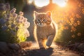 Baby cute cat walking in flower garden and sunset time background. Generative ai Royalty Free Stock Photo