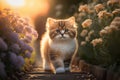 Baby cute cat walking in flower garden and sunset time background. Generative ai Royalty Free Stock Photo