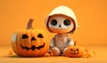 baby cute skeleton and halloween pumpkin background copy space, ai generative