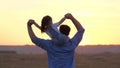 Baby and daddy dream of becoming a pilot. child sits on father`s neck waving his arms together, flies like an airplane Royalty Free Stock Photo