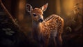 Baby dear standing on ground with green grass and looking at camera , mammal animal on nature background